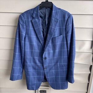 Peter Millar Mens Sport Coat Windowpane Blazer 46T Blue Wool Silk Linen Preppy